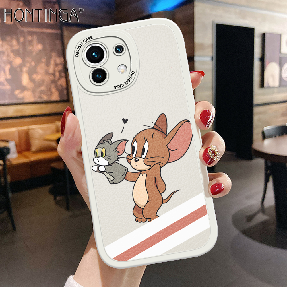 Hontinga for Xiaomi Mi 11 Back Cover PU Leather Cute Phone Case Soft Silicone Edge Mobile Cover