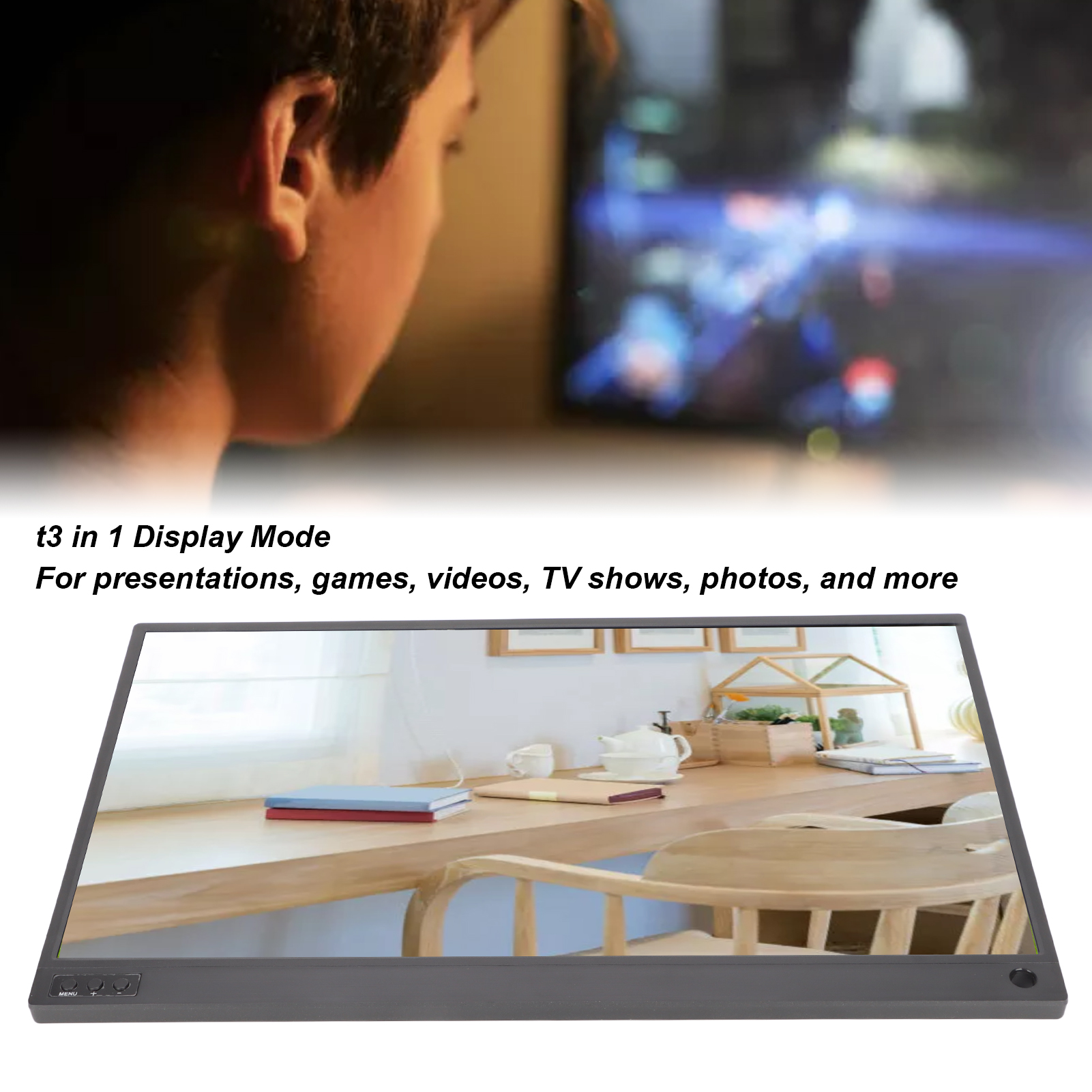 Monitor 15.6in HD 1080P 3 In 1 Display Built In Speakers USB C External Monitor. 