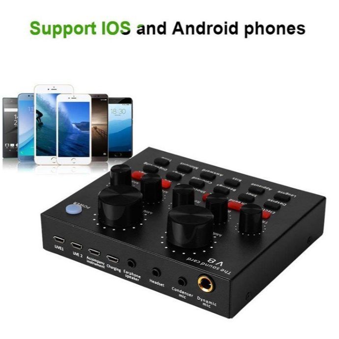 V8 Multifunctional USB Audio Interface Intelligent Volume Adjustable Audio Mixer Sound Card. 
