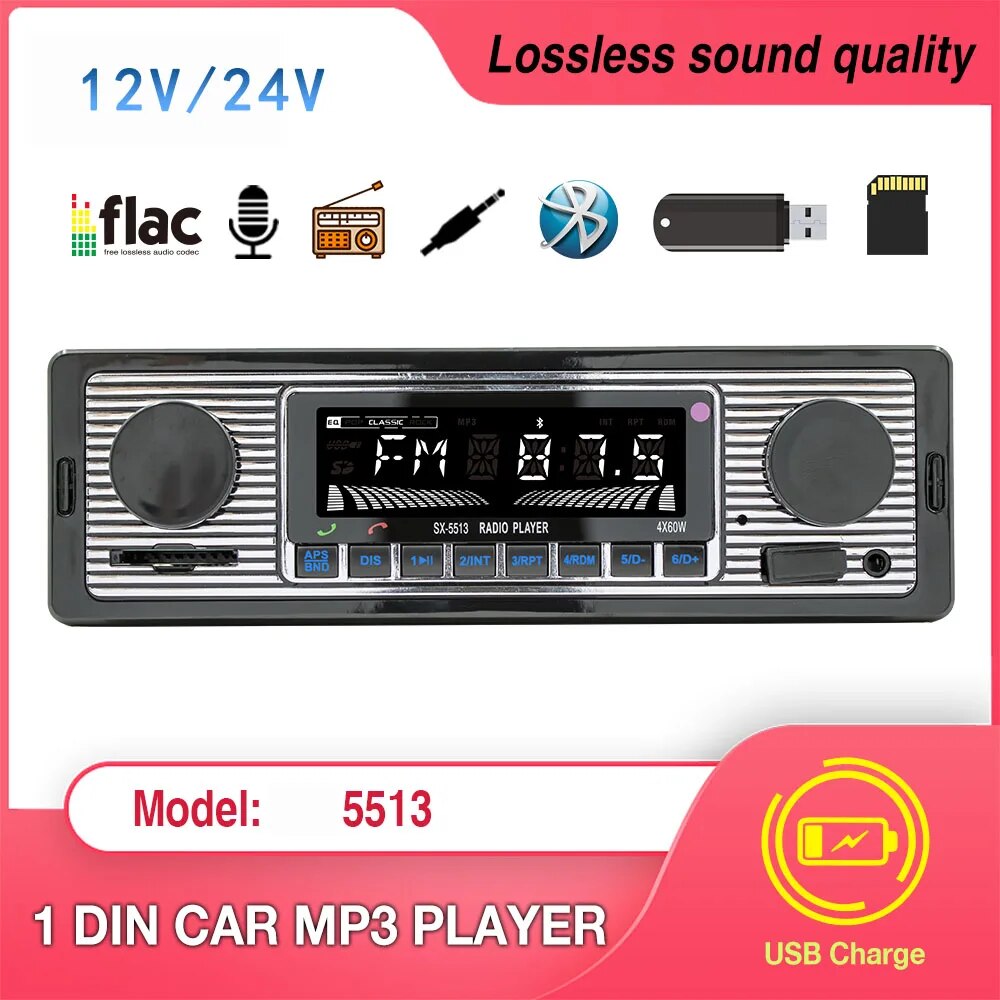 Bluetooth Car Radio Vintage Dual Knob MP3 Player FM Tuner Stereo USB AUX Classic Car Retro Audio Receiver Speaker Accessories
