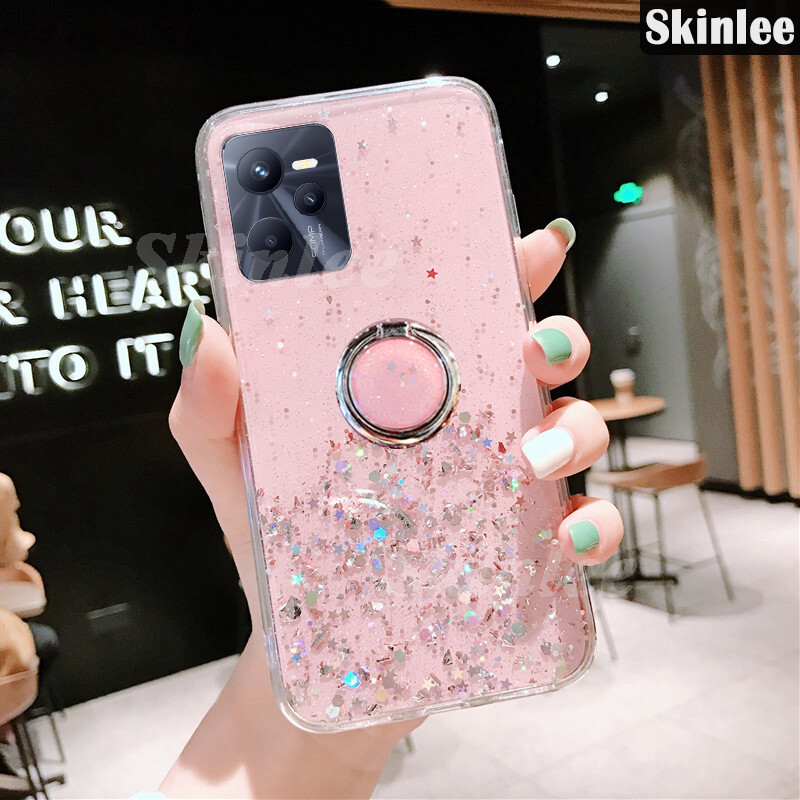 Custodia XINYEXIN Per Realme C35 Con Glitter E Diamanti – Cover TPU Antiurto Trasparente Con Adesivi Scintillanti – Blu