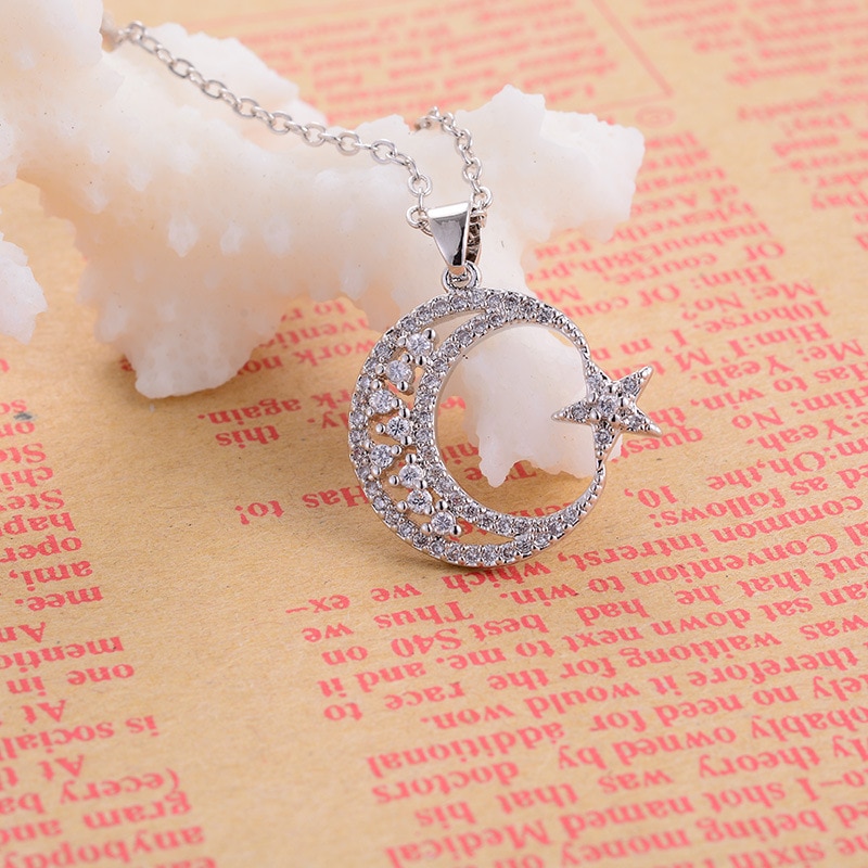 【VisioN Shop】trendy Zirconia star Moon pendant Necklace luxury hollow Choker Necklace Korean Jewelry X-l0122. 