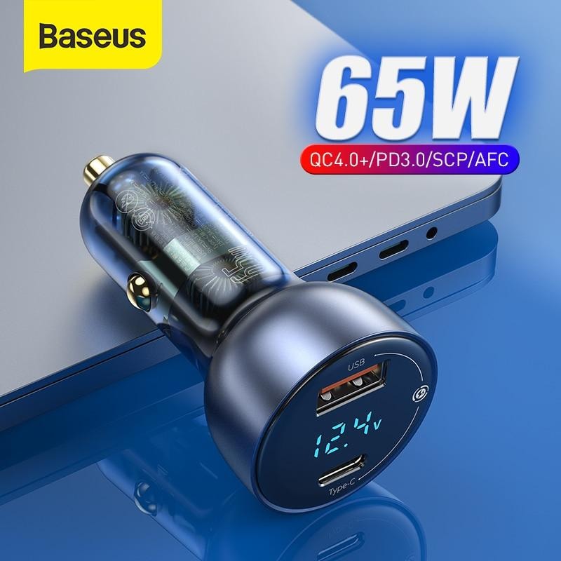Baseus 65W PD Car Charger QC 4.0 QC 3.0 LED Display Type-C Fast Charger Quick Charger For all Phone USB Phone Charger In Car. 