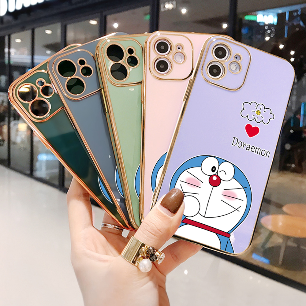 Luxury 6D Plating Case for Samsung A02S Cartoon Giggle Meow Side Pattern Back Cover Soft Silicone Square Phone Cases + Free Lanyard. 
