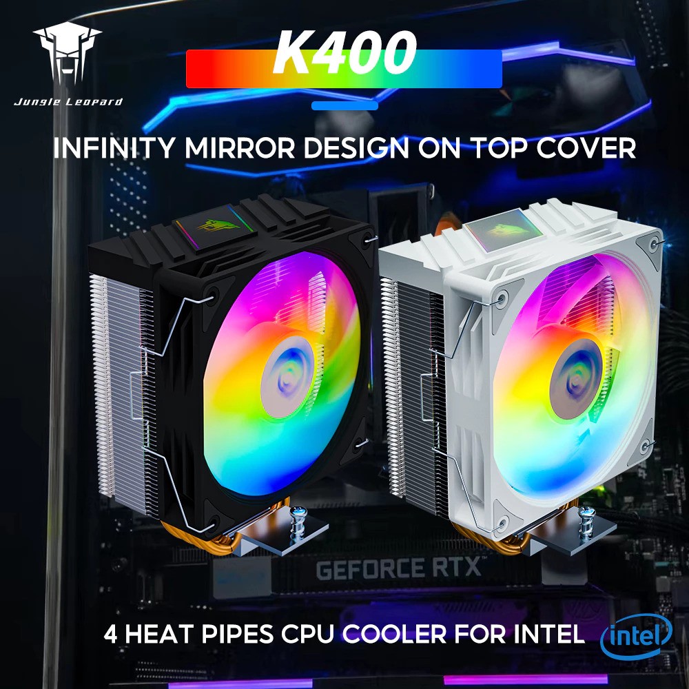 JUNGLE LEOPARD K400 CPU Cooler 4 Heat Pipes 120mm CPU Fan 4PIN PWM Color LED Top Cover Infinity Mirror Design Black And White