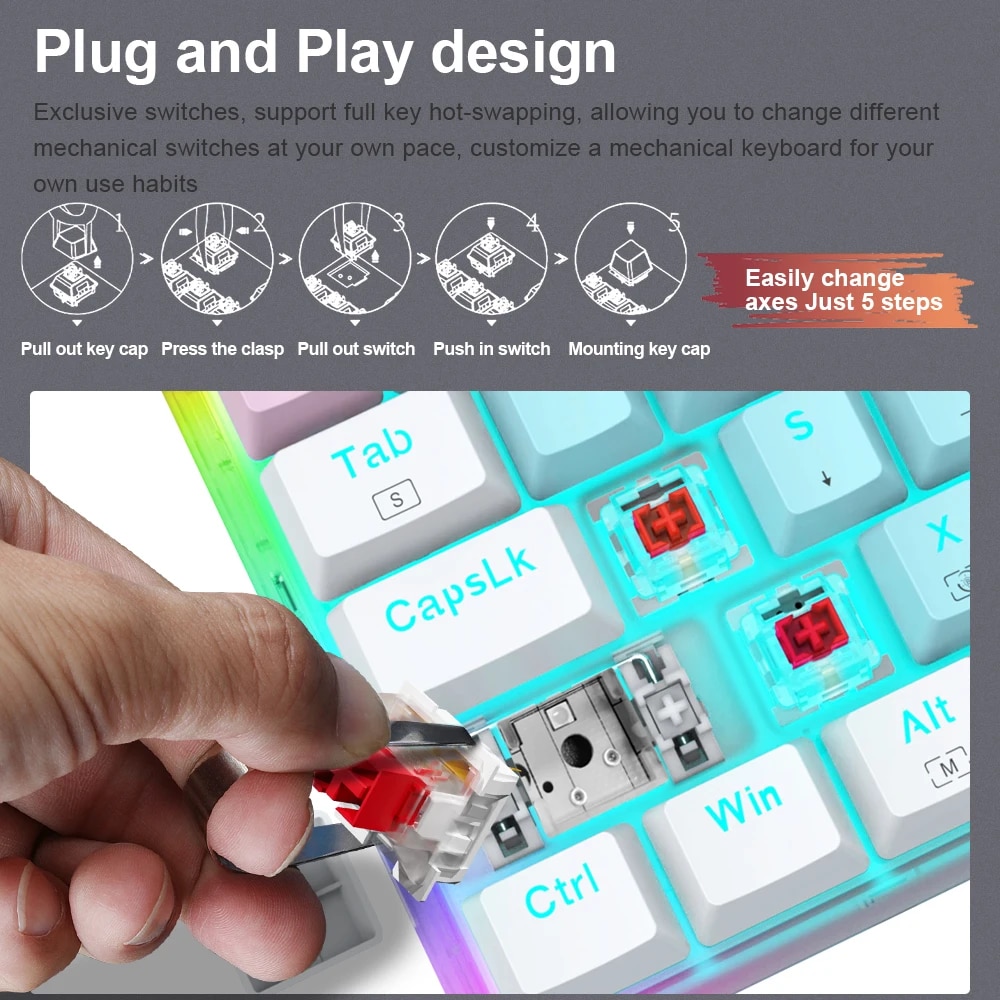 E-YOOSO Z11T USB 60% Mini Mechanical Gaming Keyboard Blue Red Switch 61 Keys Wired detachable cable,portable for travel computer. 