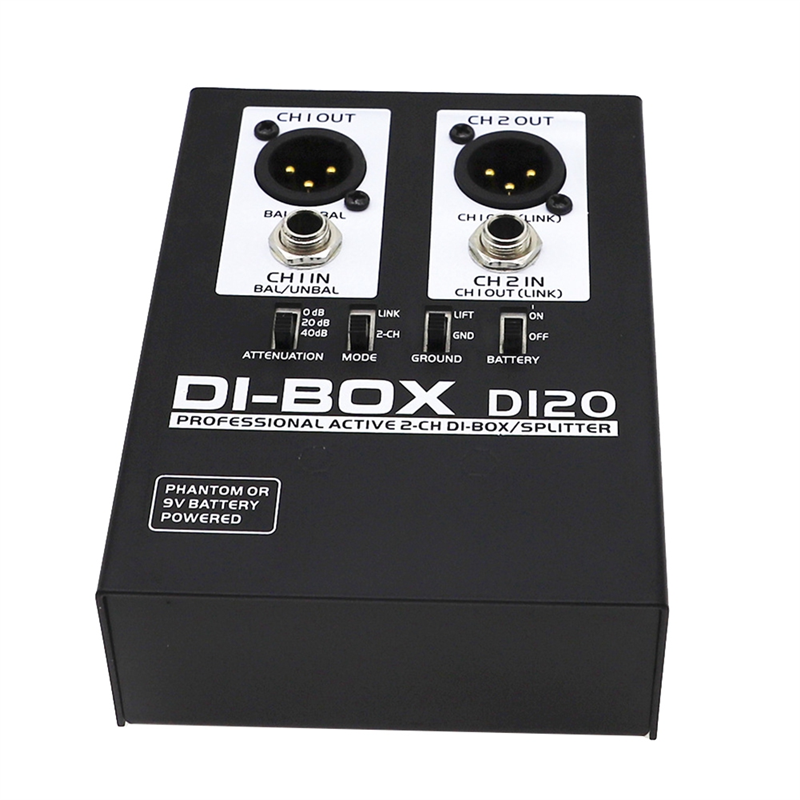 Passive Audio DI Box, Low Noise Guitar Bass DI-2 Channel Audio Converter, with 1/4'' TRS Input & Output Jacks