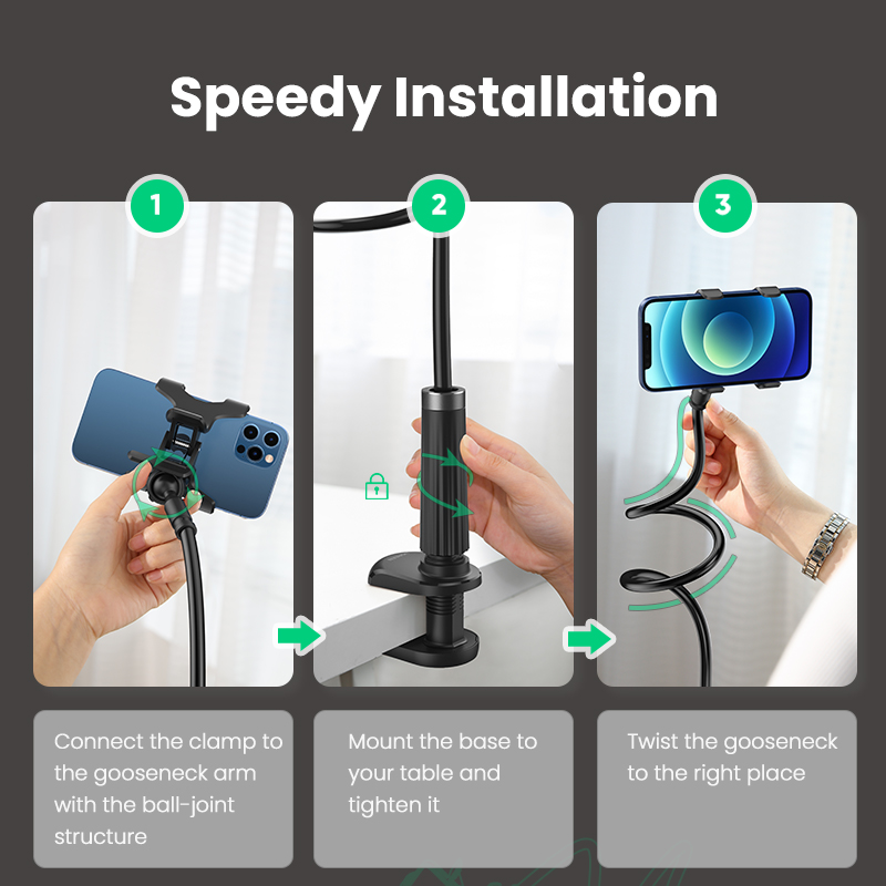 UGREEN Gooseneck Clip Phone Holder for Bed Desk Cell Phone Mount Flexible Lazy Long Ar-m Cla-mp Headboard Hand Free Overhead for iPhone Pro Max Samsung Galaxy Ultra. 