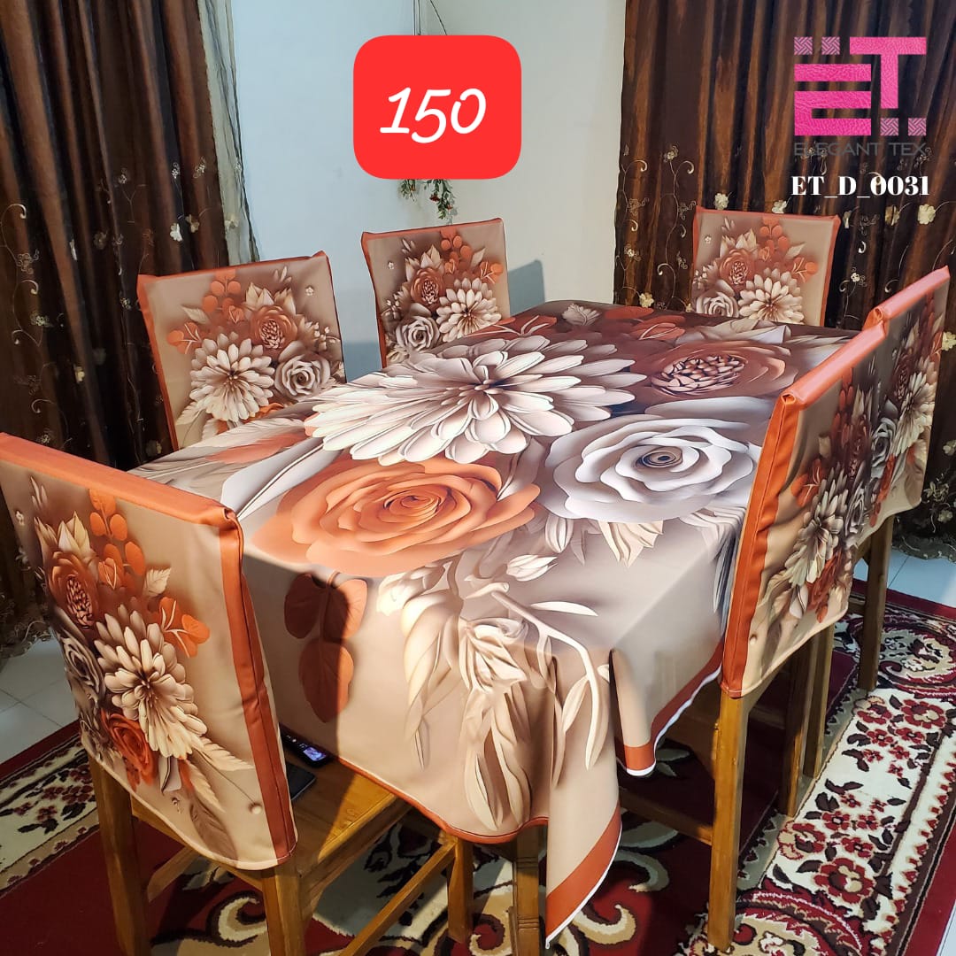 3d প্রিন্ট ডাইনিং টেবিল ক্লথ রানার এবং 06 পিস চেয়ার কভার সম্পূর্ণ সেট বিভিন্ন রঙের. 