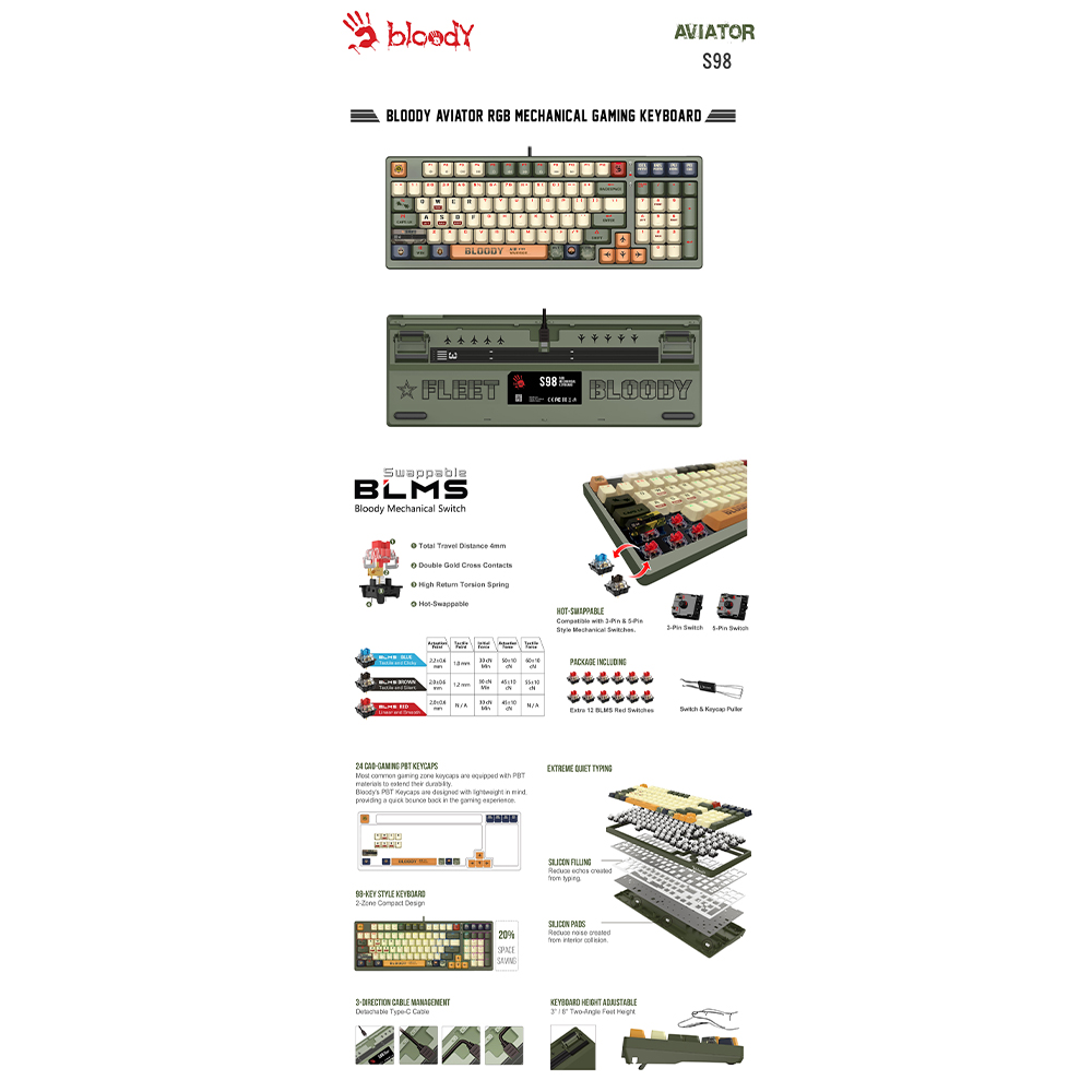 A4tech Bloody S98 Aviator Edition (Red Switch) RGB Gaming Mechanical Keyboard - 98-Key Style - Bloody BLMS Customize Mechanical Switch - Hot-Swappable. 