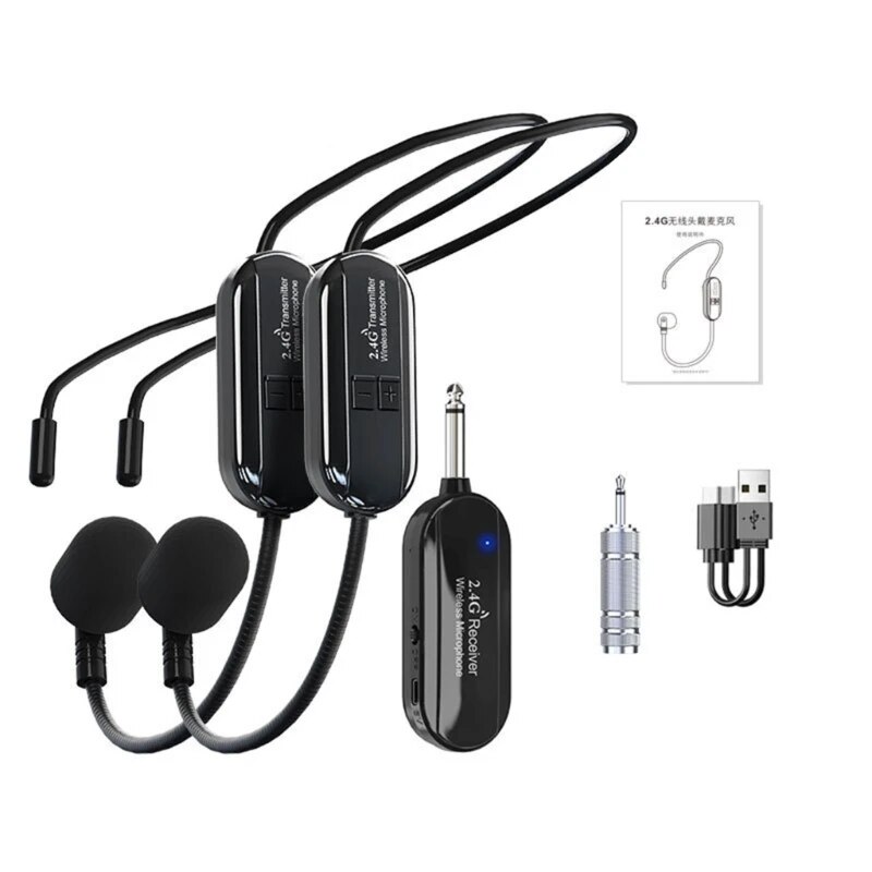 2.4G Head Mounted Wireless Lavalier Microphone Set Transmitter Receiver for Amplifier Voice Speaker Teaching Tours Guide. 