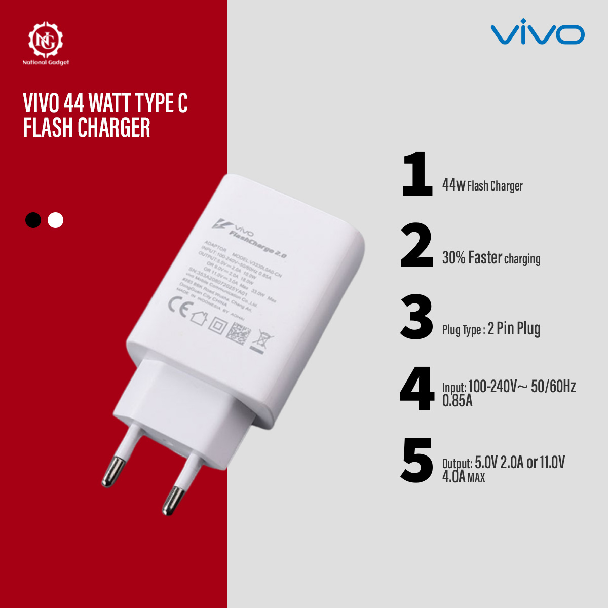 Vivo Charger 44 Watt Type C  Flash Charging For Vivo V23 , V23e , V23e 5G , V23 5G , V23 Pro , V25 , V25 , Y35 ,Y55 , Y76 5G , Y75 , Y100 , Y78 , Y78+ , iQOO Z7 , iQOO Z7s , iQOO Pad , X70 Pro. 