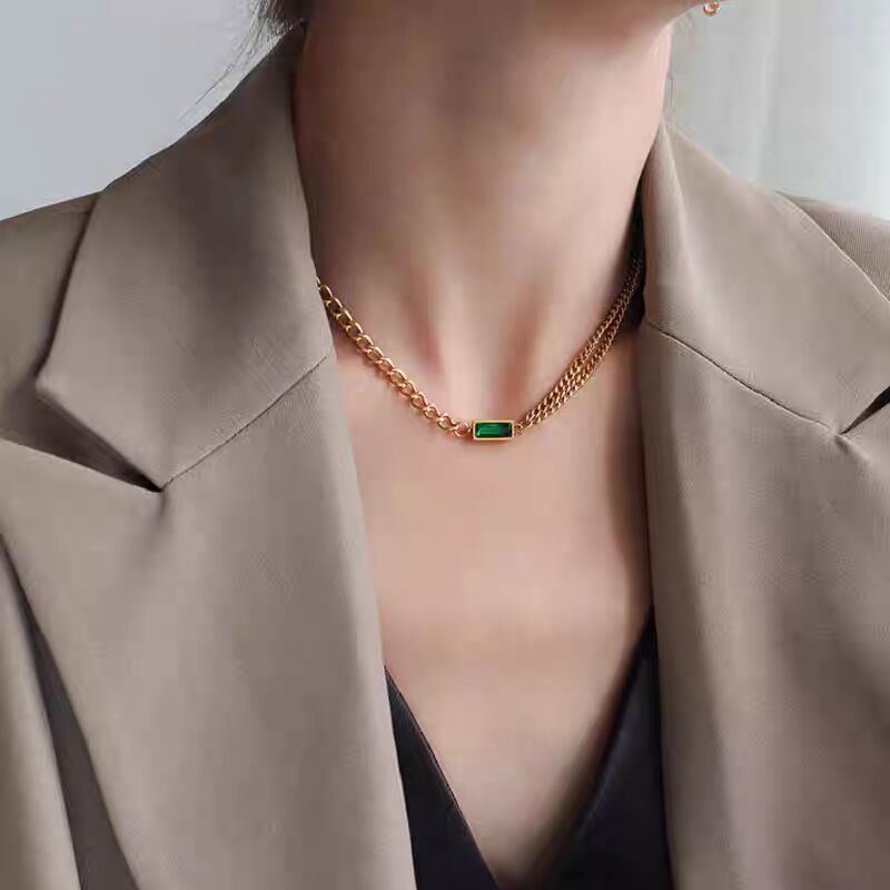 Emerald Zircon Female Chunky Chain Necklace Choker Double Layer Pendant Necklaces