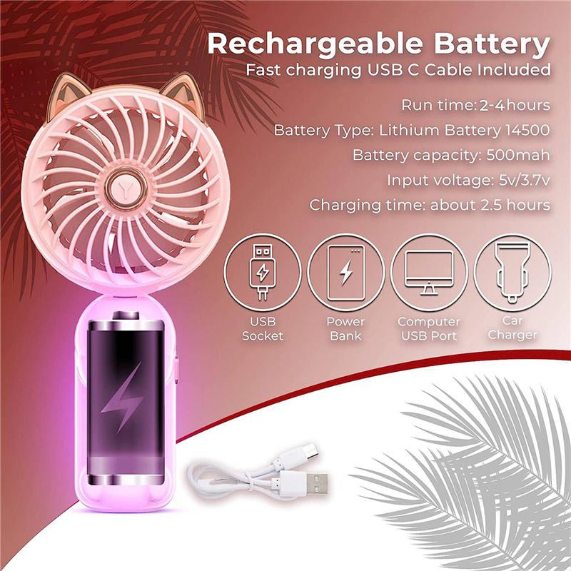 1 PCS Portable Hand Held Fan Foldable Small Fan with Cat Ears with USB Rechargeable Battery (Green). 