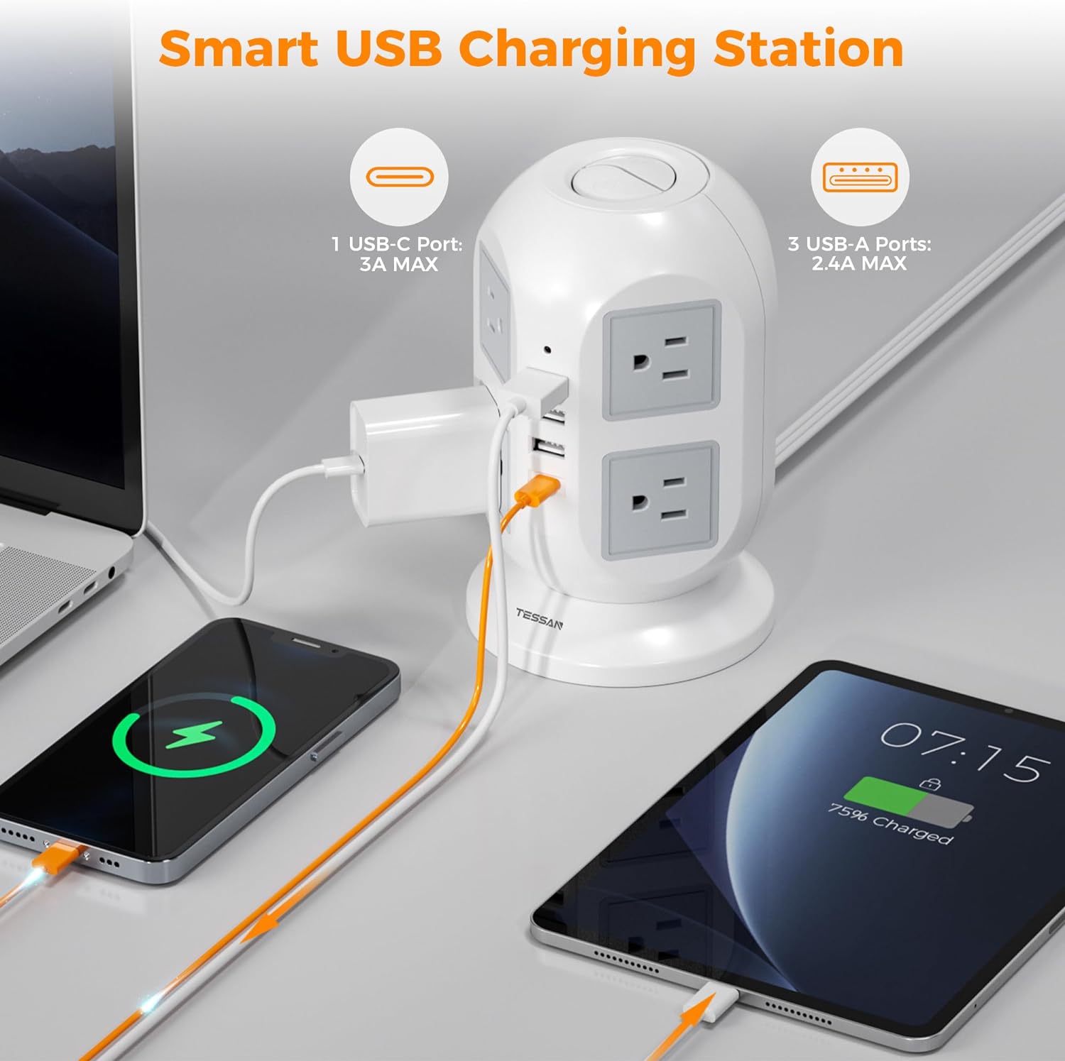 TESSAN Tower Surge Protector Power Strip with 8 Outlets 3 USB Ports 1 Type C 10ft Ultra Thin Flat Extension Cord for Home Office. 