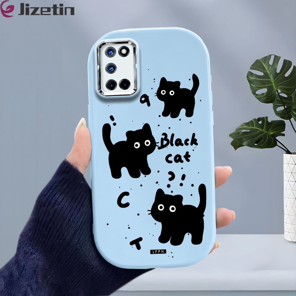 Jizetin for OPPO A52 A92 Back Cover Cute Black Kitten Bright Lens Frame Candy Soft Rubber Phone Cases