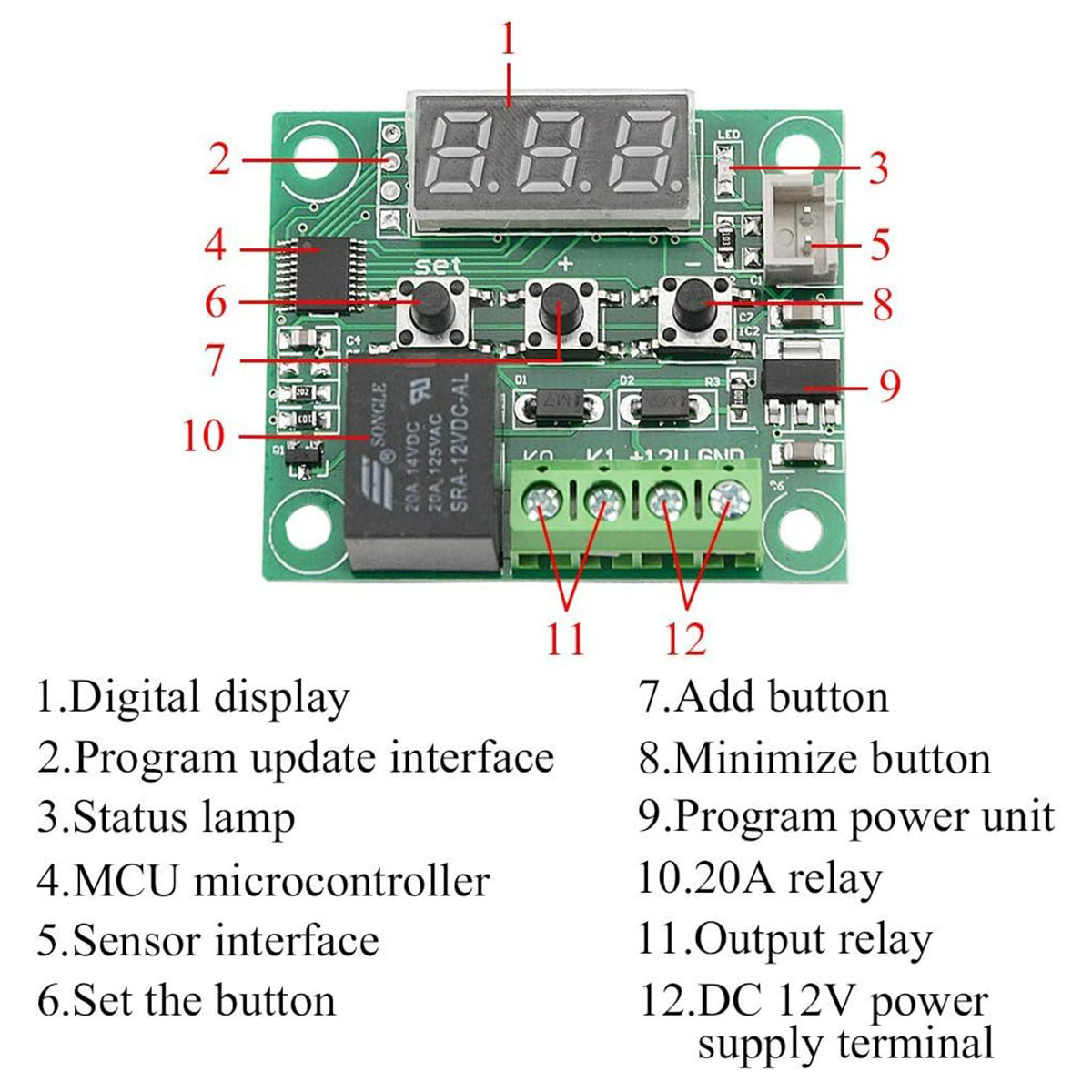W1209 Incubator Temperature Controller for Mini Egg Incubator - Automatic Temperature Control -Controller Supply: 12V DC  Control Range: -50 to 110. 