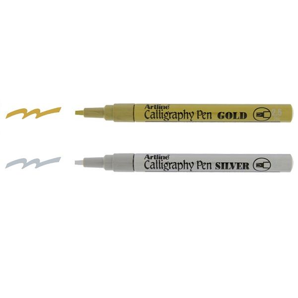 Artline Metallic Calligraphy Pen Gold Silver Colour Ink 2.5mm Chisel Tip. 
