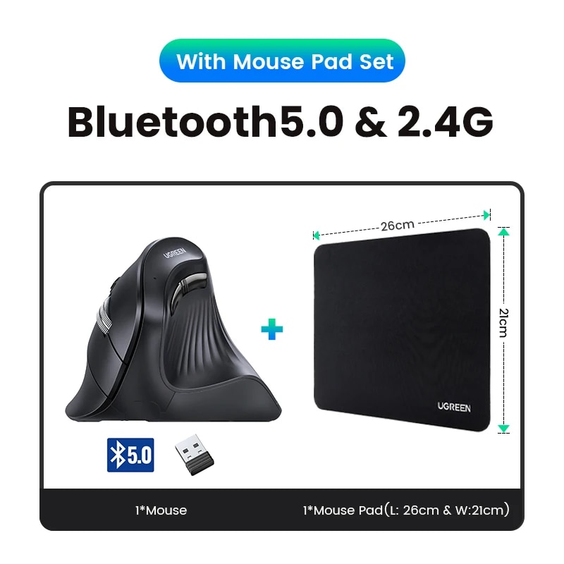 UGREEN Vertical Mouse Wireless Bluetooth5.0 2.4G Ergonomic 4000DPI 6 Mute Buttons for MacBook Tablet Laptops Computer PC Mice. 