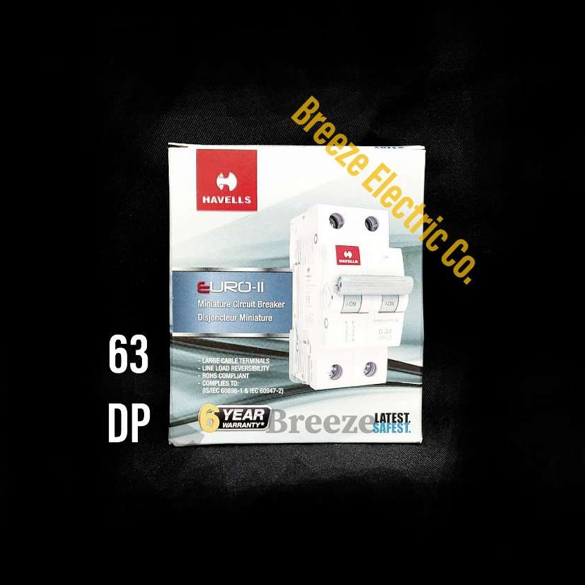 Havells Circuit Breaker 63A DP MCB.  Model: Euro-II. India.. 