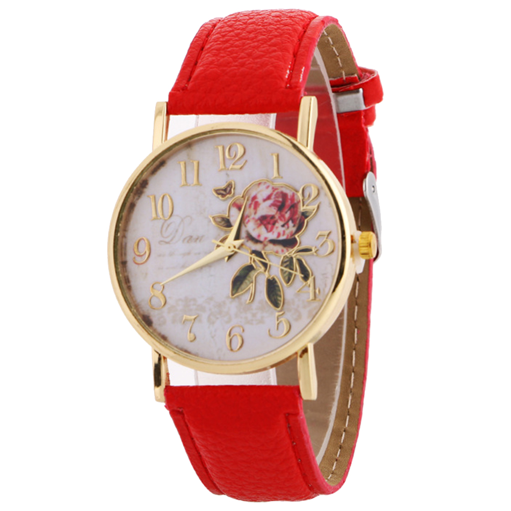 2022 New Style Women Arabic Number Rose Flower Round Dial Faux Leather Band Quartz Wrist Watch. 