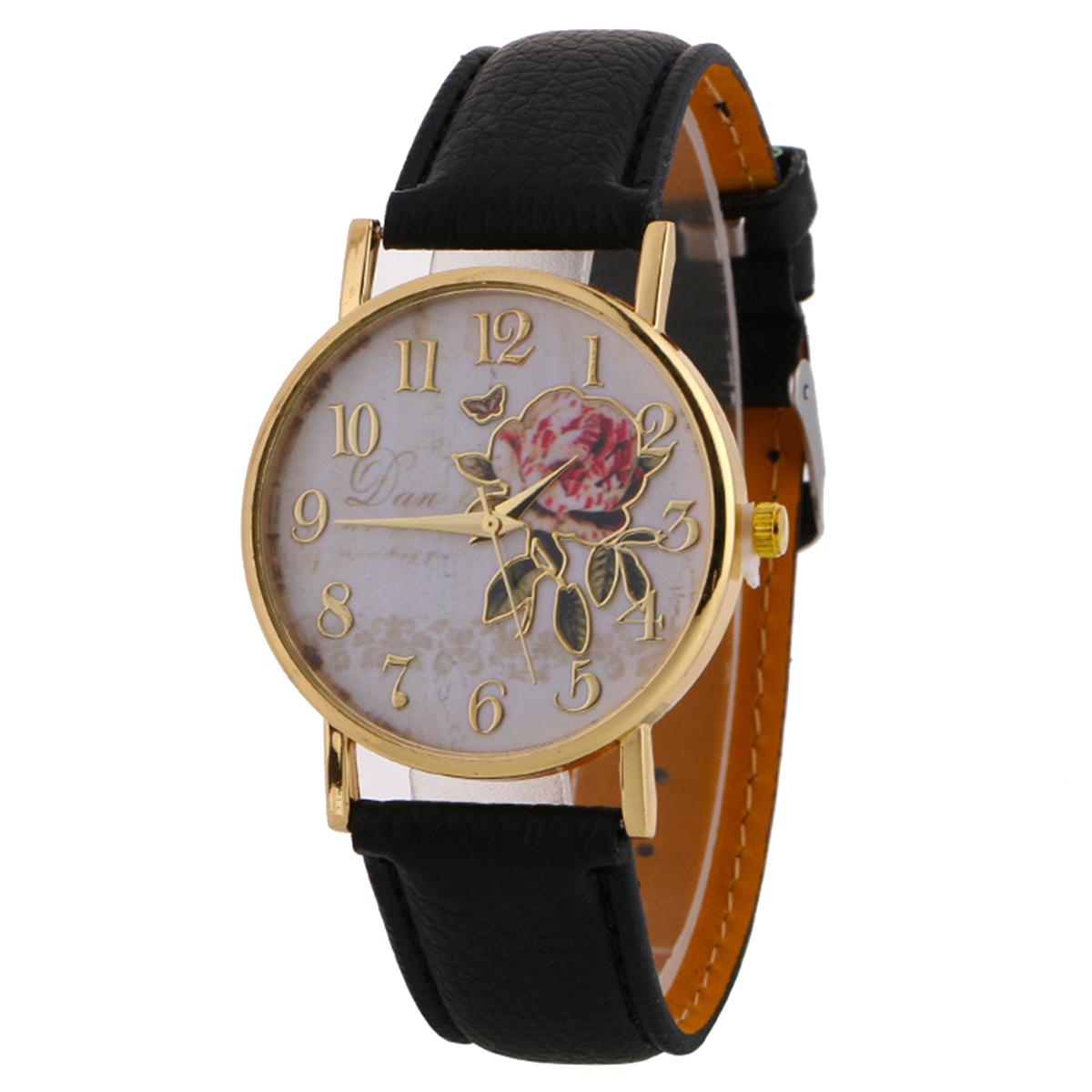 2022 New Style Women Arabic Number Rose Flower Round Dial Faux Leather Band Quartz Wrist Watch