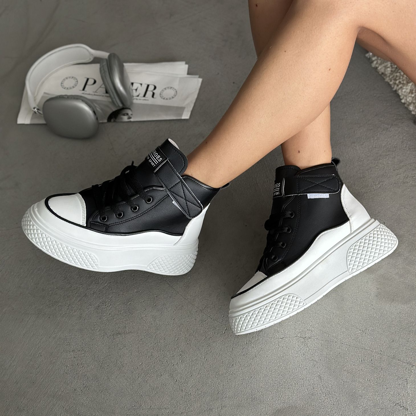 Women’s High-Top Platform Sneakers – Black White Chunky Sole Casual Shoes  for Girls