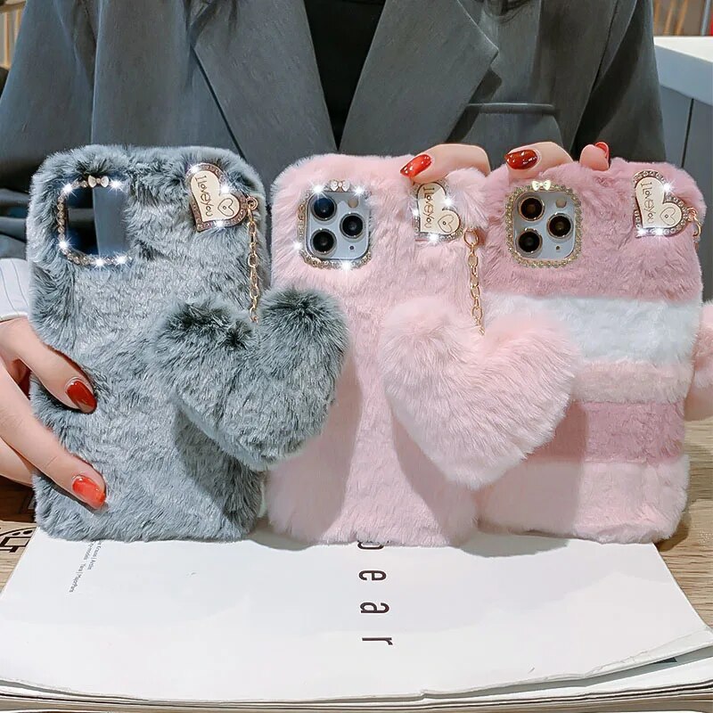 Luxury Plush Rabbit Fur Phone Case For Google Pixel 6 Pro 6A 7 7A 8 Shiny Diamond Lens Frame TPU Back Cover Fundas. 