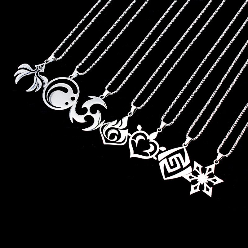 Genshin Impact Titanium Pendant Necklaces Element Pyro Hydro Anemo Electro Dengro Cyro Geo Hutao Boo Jewelry for Players Fans. 