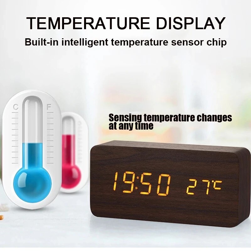 LED Wooden Alarm Clock Digital Bedside Smart Alarm Clocks Electronic Desktop Square Voice Control Table Digital Clock for Room. 