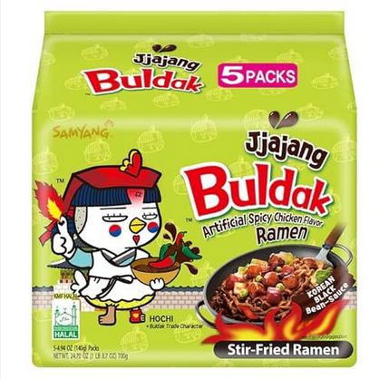 Samyang Buldak Hot Chicken Flavour Ramen Noodles Jjajang (Korean Black Bean Sauce) 140g (Pack of 5)