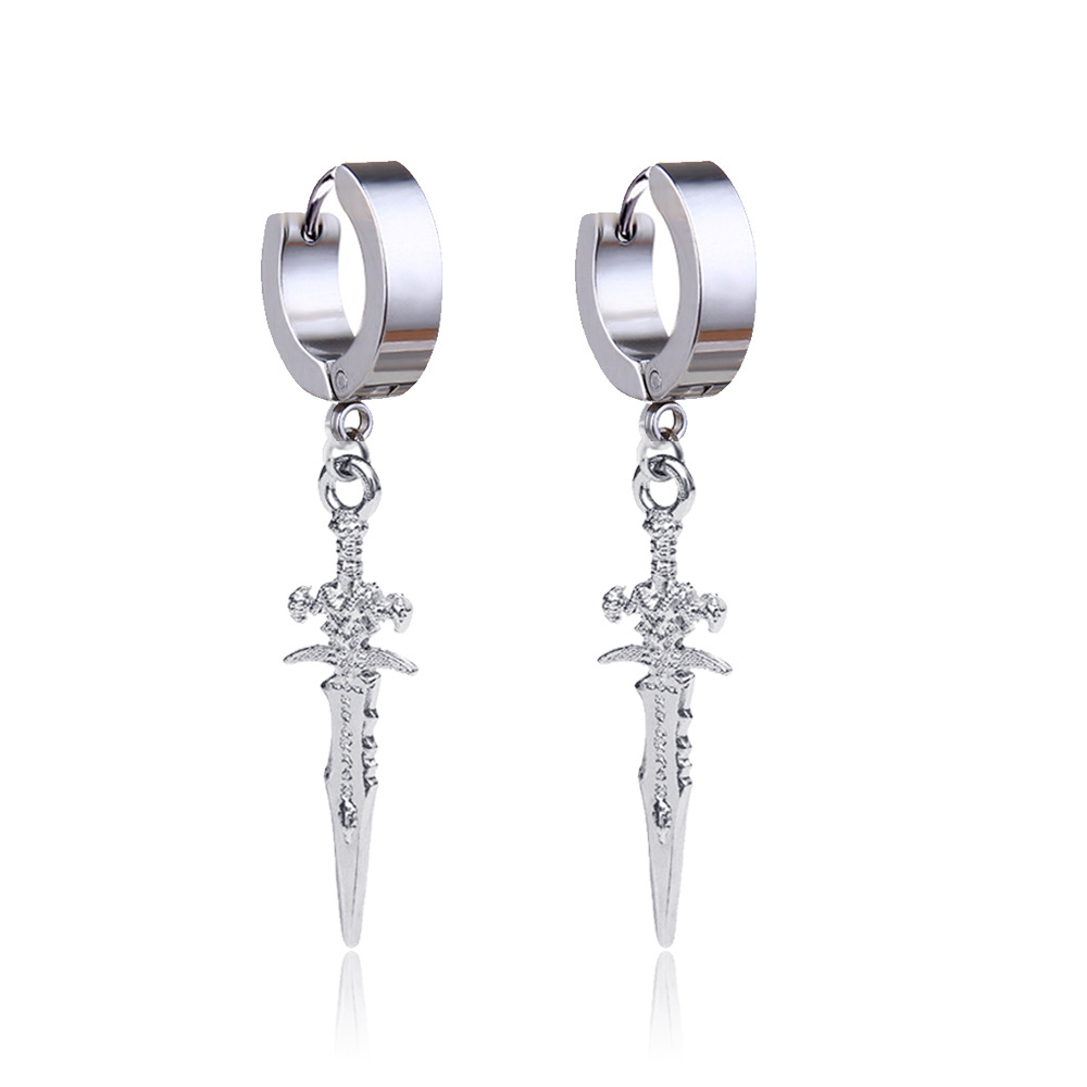 Metal Punk Cross Clip Earring / Stainless Steel Statement Drop Earrings