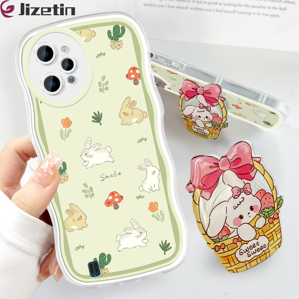 Jizetin for Realme C31 Back Cover + Free Pop Socket Flower Basket Bunny Soft Wavy Shape TPU Phone Case For Girls Boys