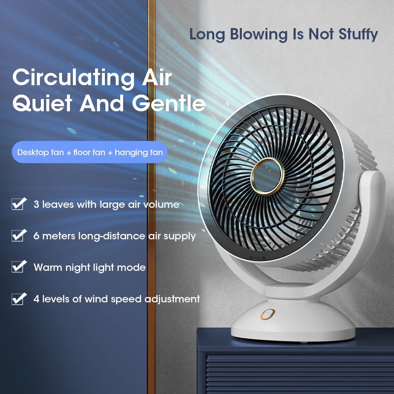 USB Air Circulation Electric Fan Non Rechargeable Table Desktop Portable Wall Mounted 360 Degree Rotation with Light for Home