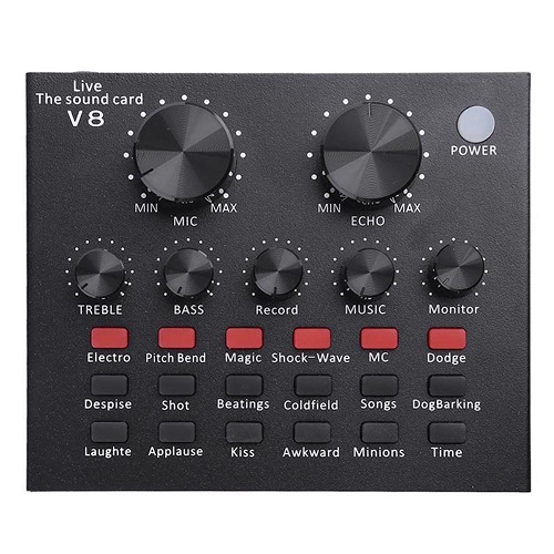 V8 Multifunctional Live Sound Card USB Audio Interface Intelligent Volume Adjustable Audio Mixer Sound Card for Record Hosting Speech. 