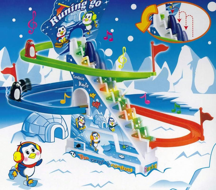Arctic Fun Playful Penguin Race Set with Flashing Lights and Music On/Off Button for Quiet Play, Jolly Penguin Slide Playset. 