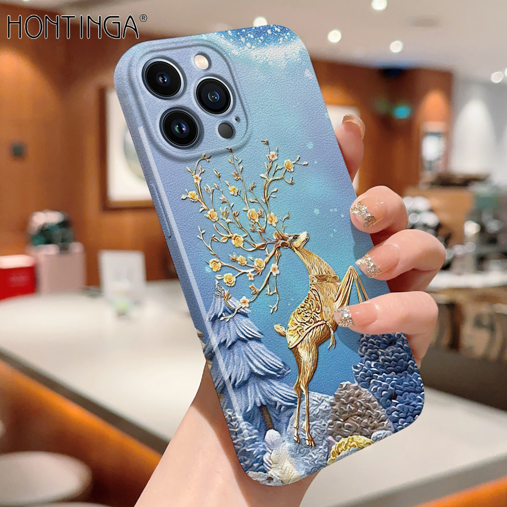 Hontinga for iPhone 13 Pro Back Cover ELK Lucky All-inclusive Film Hard Phone Case Camera Protection Mobile Cover