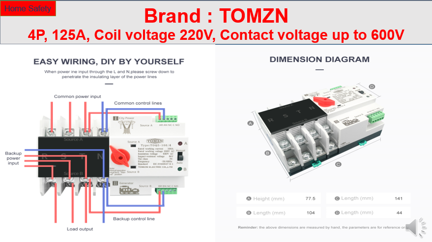 Automatic Transfer Switch / Changeover ,4P, 125A, 3 Phase, 4 Pole, ATS Dual Power. 