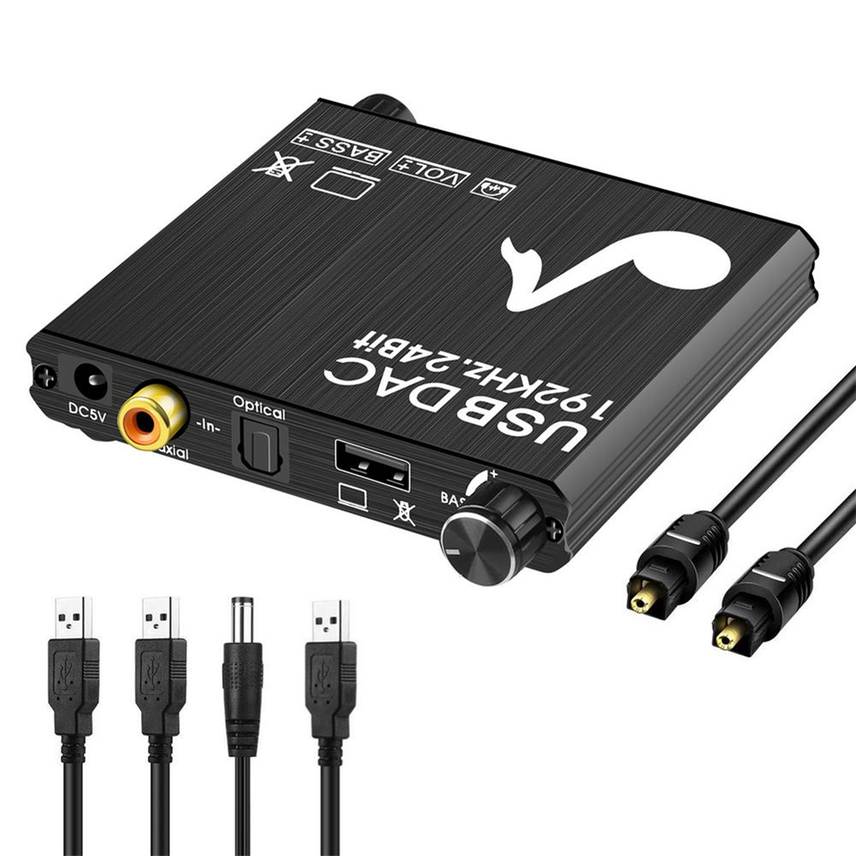 USB DAC 192KHz 24Bit Digital to Analog Audio Converter Bass Volume control Adjustment SPDIF Optical Toslink Coaxial to Analog. 