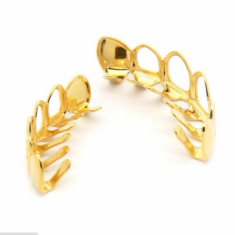 Fit Rock Style Gold Plated Open Face Teeth Grillz Caps Top & Bottom Grill Set. 