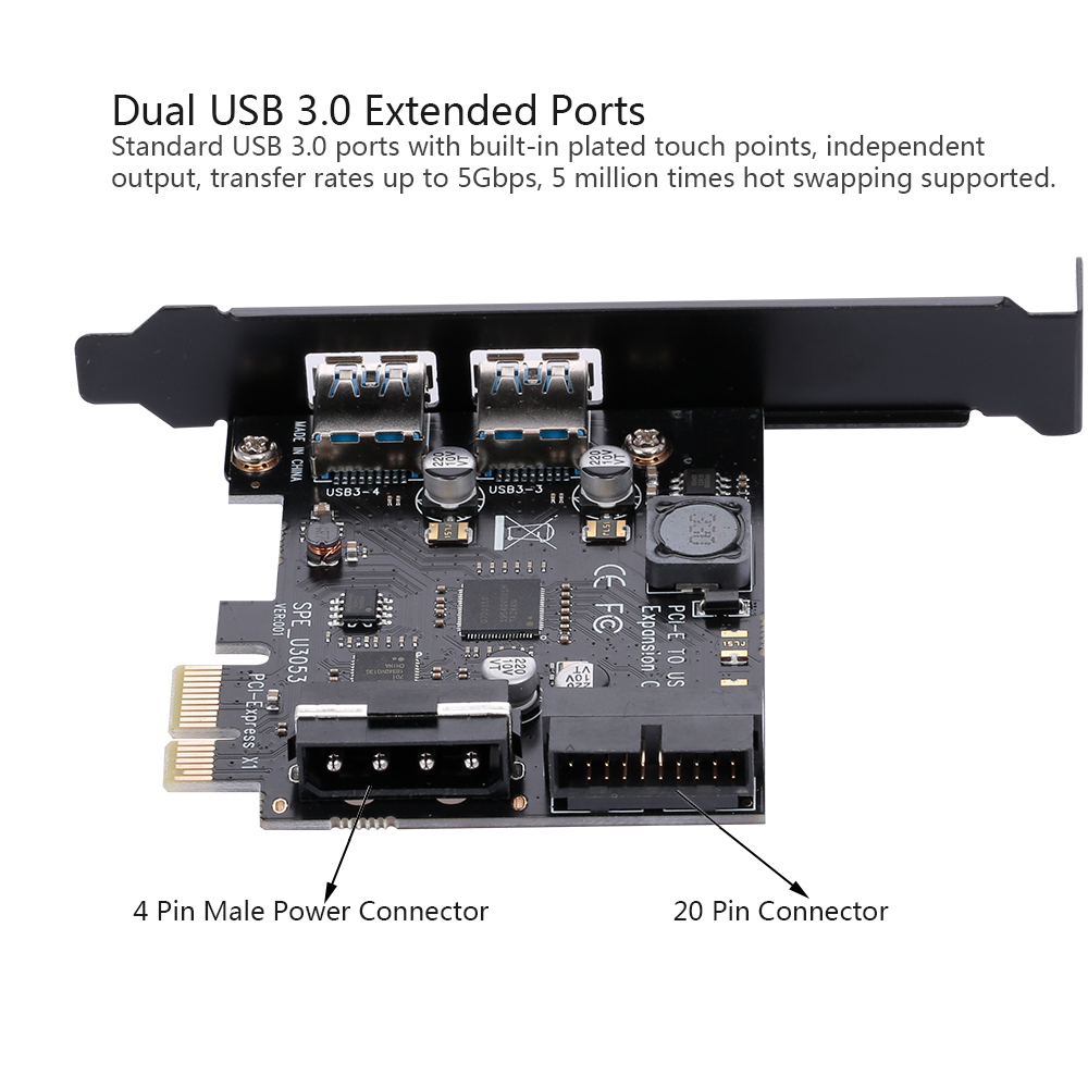 STW PCI-E to USB 3.0 2-Port PCI Express Card Mini PCI-E USB 3.0 Hub Controller Adapter with Internal USB 3.0 19-Pin Connector and 5V 4 Pin Male Power Dual Port Connector. 