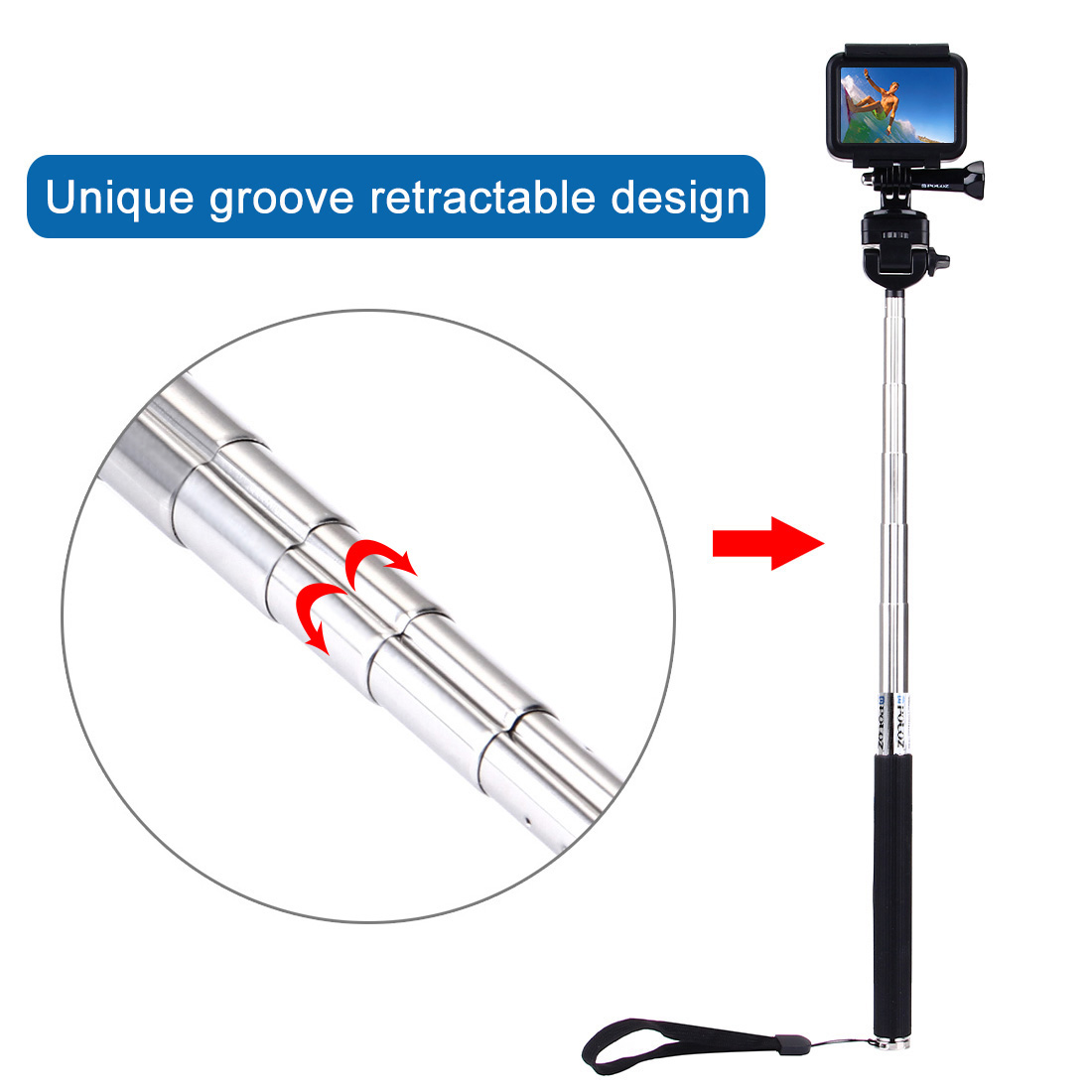 PULUZ Extendable Handheld Selfie Monopod Selfie Stick for GoPro 9 Hero 8 NEW HERO HERO 7 6 5 4 3+ 3 2 1 DJI Osmo Action Xiaoyi Action Cameras Length: 22.5-100cm. 