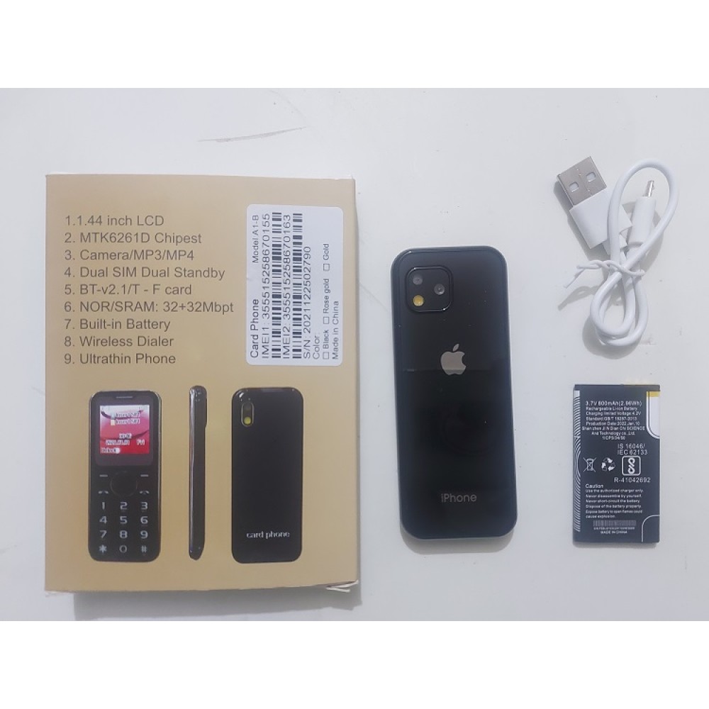 A1B Mini Card Phone With A-pple Logo Bluetooth Dialer Black. 