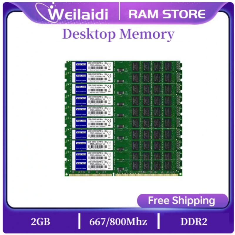 10Pcs DDR2 2GB 2g Memoria RAM PC2-6400 800MHz PC2-5300 667MHZ Desktop PC Memory DIMM 240 Pins For AMD Intel Computer Wholesale