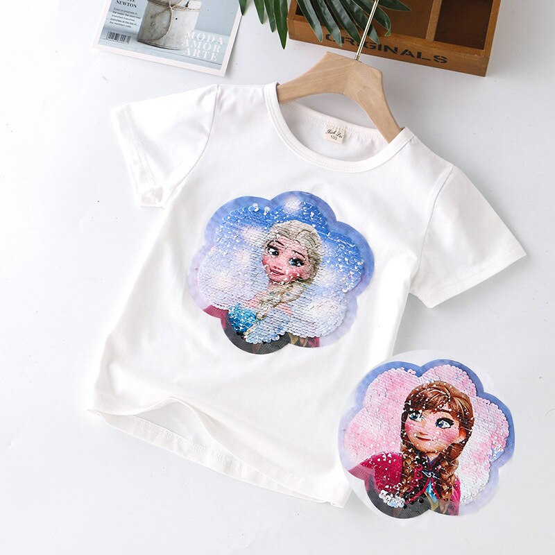 Summer Girls T Shirts Frozene Anna Elsa Princess Reversible Sequin Girls T-shirts  Color Short Sleeve Tees Children Kids Tops Clothes 2-8 yrs. 
