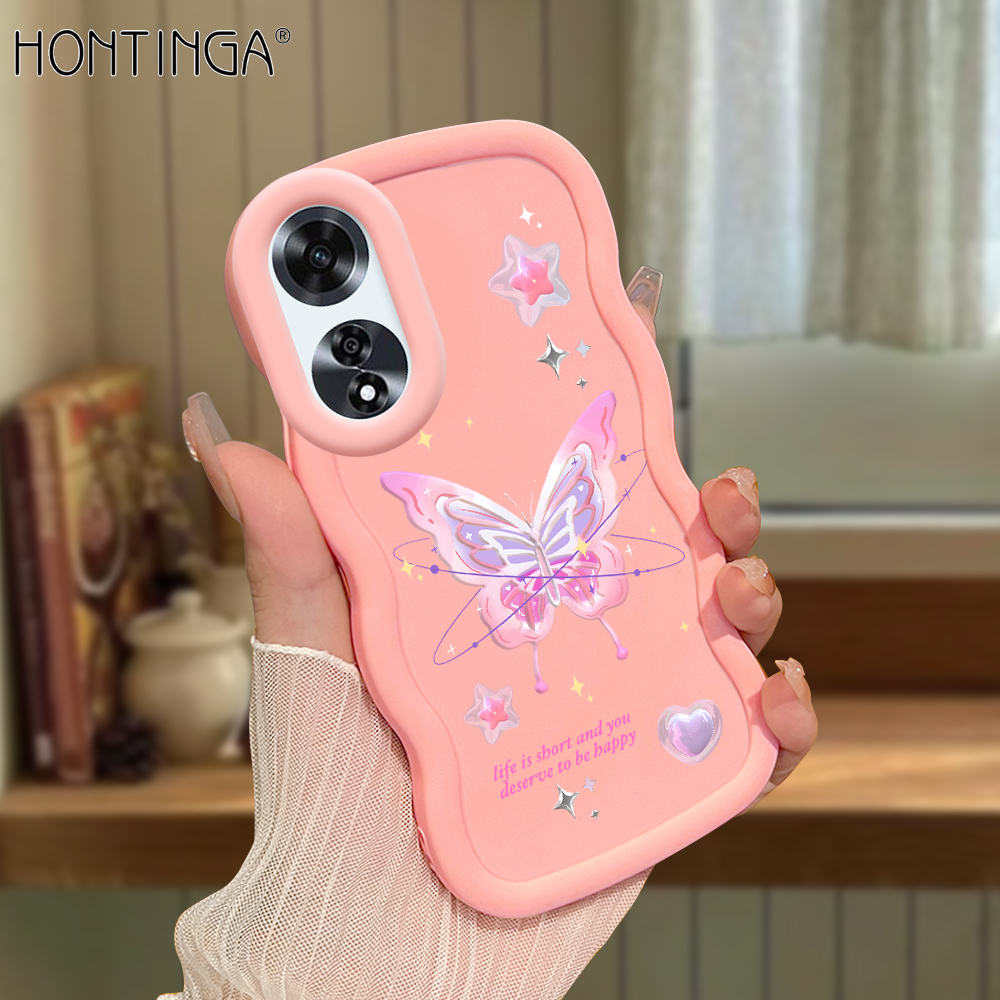 Hontinga for OPPO A60 Back Cover Pink Butterfly Pattern Luxury Phone Cover Soft Silicone Macaron Wave Mobile Case