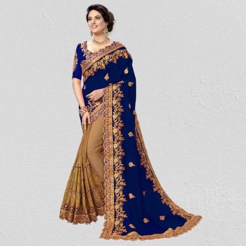 Indian Weightless Georgette Saree Blue/Biscuit Color High Quality Embroidery Work On Blouse. 