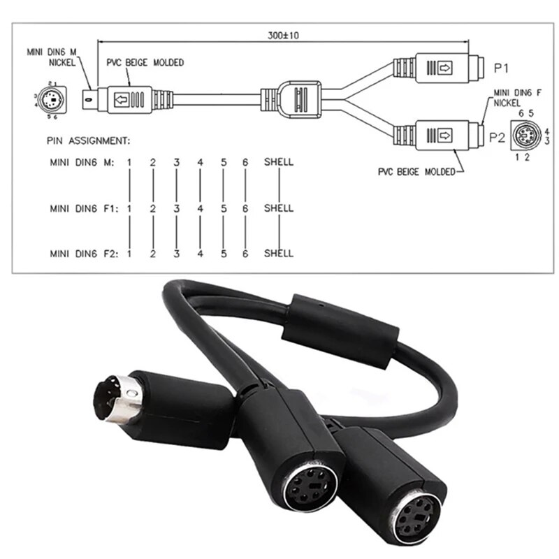 S-video Mini DIN 6-pin Splitter Y Adapter 1 male 2 female Cable 6pin PS/2 PS2 Data Cable to Keyboard and Mouse Interface. 