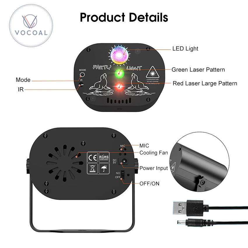 Vocoal Laser Lights Stage Lights Party Lights DJ Disco Sound Activated Strobe Lights RGB Led Laser Projector With Remote Control For Birthday Wedding. 