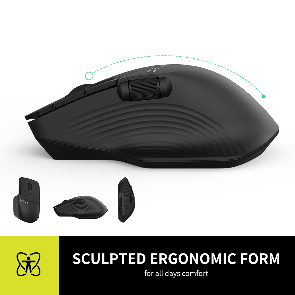 Delux M913GX Wireless Bluetooth Mouse with Side Scroll Wheel Multi-Device Ergonomic Mouse with 1600DPI 7 Buttons For PC Computer. 